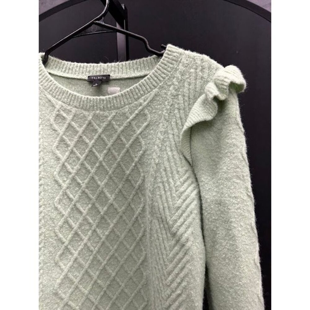 Talbots Cable Knit Ruffle Crewneck Sweater Mint - Picture 3 of 6